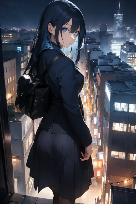 middle aged woman Long blue hair, blue eyes, wearing a plain black suit and skirt, muscular, turn around and look back, half body image, beautiful light, look back. city view at night