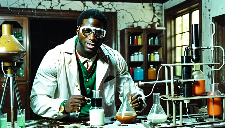 1970s photo of "Gucci Mane" dressed like a scientist while performing science experiments, he is inside of an abandoned home, gun rack in the background,