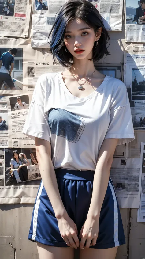 1 girl,solitary,permanent,(white|blue|slope_hair),jewelry,earrings, necklace,{jk}, newspaper wall,medium breasts,clothes writing...