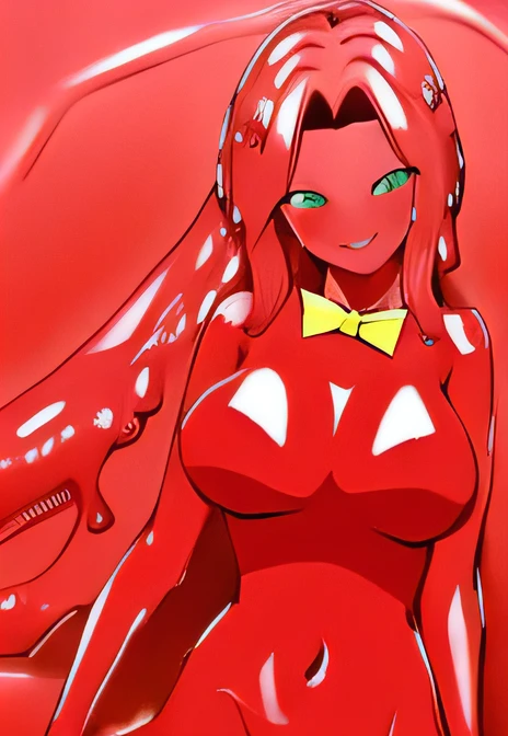 (masterpiece,highest quality,Very delicate,Perfect Face), Red Slime Body, Green Eyes, Yellow bow tie, (melting arms,Melting legs,Dissolves hair) jamanen:1.3,(Big Breasts),Long Hair,Muddy background,smiling,cowboy shot