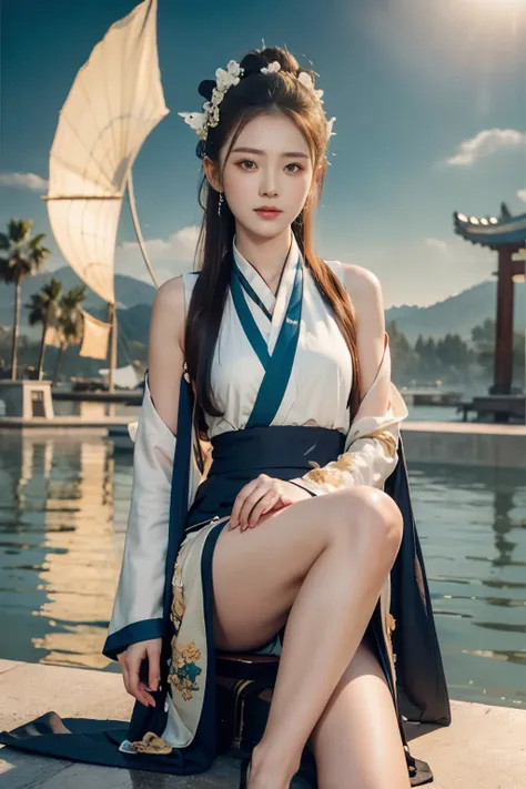 1girl,Hanfu,cloud,blue sky,looking at viewer,photorealistic,realistic,solo,leg，Clear fingers