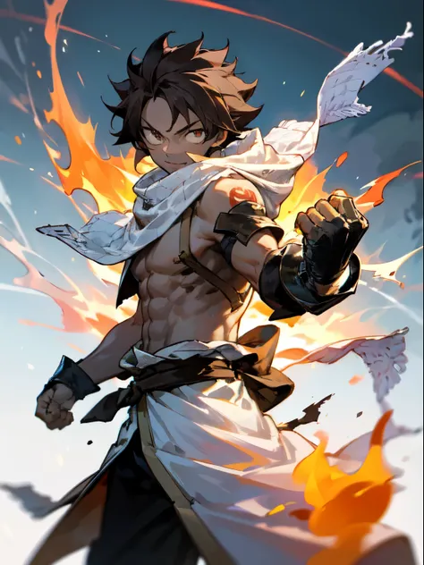 masterpiece, High resolution, high quality, Dark Skinned Teen, male, A little buff, Medium dark brown hair, Big Innocent Eyes, naked、White long torn scarf, White hooded cloak, Big black gauntlets, Dramatic show, Intensive, nice, Amazing guy, Boy of Fire