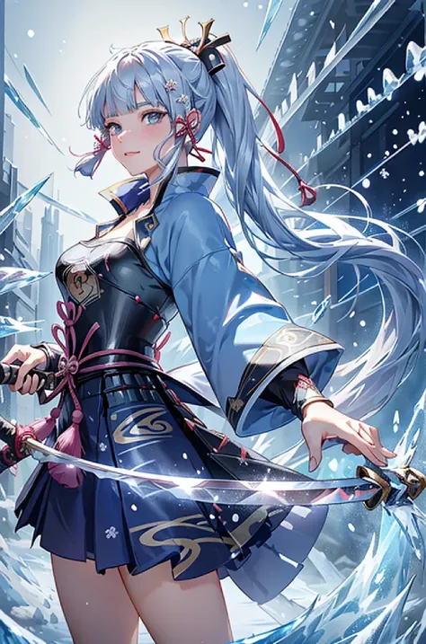 ((kamisatoayakadef)),1 Anime Girl, Warrior, Realistic people,Realistic, beautiful, smile, elegant, Majestic, Splash Art, Particles of light, Diamond Blade, (Cold Energy, Cold Blast, cold water: 1.4) Dynamic pose, ((Japanese Sword,Grab your sword))((Holding...
