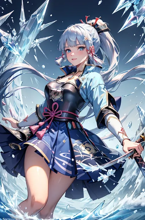 ((kamisatoayakadef)),1 Anime Girl, Warrior, Realistic people,Realistic, beautiful, smile, elegant, Majestic, Splash Art, Particles of light, Diamond Blade, (Cold Energy, Cold Blast, cold water: 1.4) Dynamic pose, ((Japanese Sword,Grab your sword))((Holding...