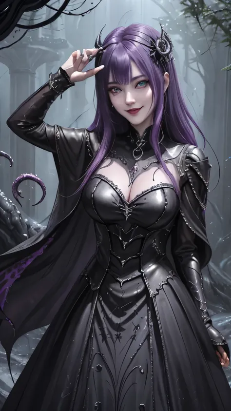 Esoteric arachnids lady, Spider Queen Elise, League of Legends, Esoteric arachnids, Combat Stance, ( body formed from metallic mauveine and metallic black liquid metallic paint twisting into a beautiful interpretation of the female figure), length, Sharp F...