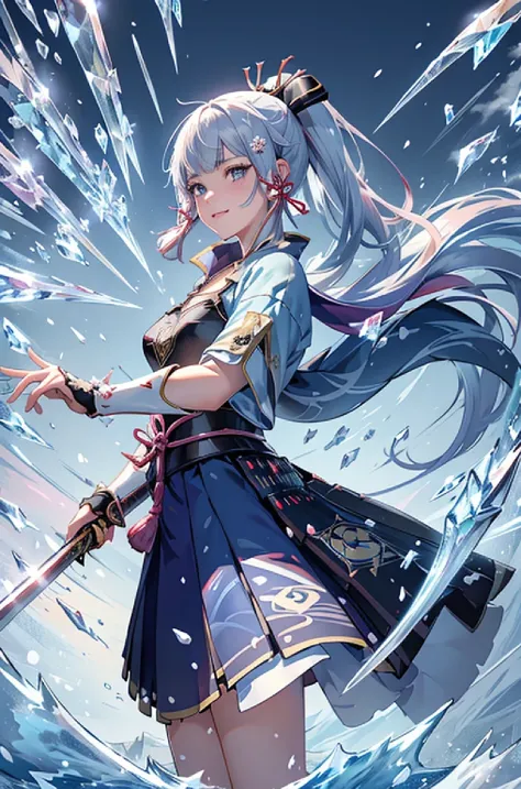 ((kamisatoayakadef)),1 Anime Girl, Warrior, Realistic people,Realistic, beautiful, smile, elegant, Majestic, Splash Art, Particles of light, Diamond Blade, (Cold Energy, Cold Blast, cold water: 1.4) Dynamic pose, ((Japanese Sword,Grab your sword))((Holding...