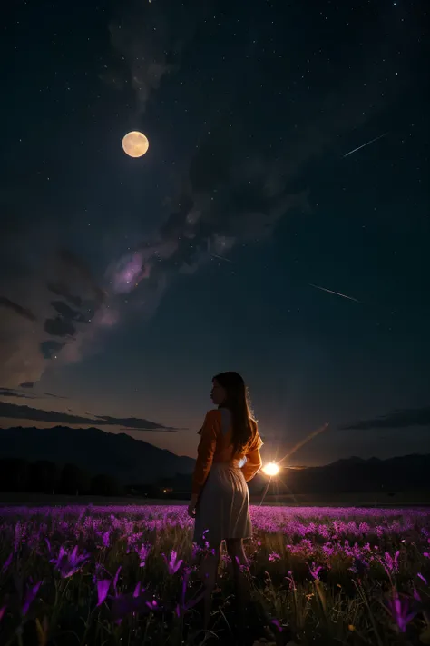 expansive landscape photograph , (a view from below that shows sky above and open field below), a girl standing on flower field looking up, (full moon:1.2), ( shooting stars:0.9), (nebula:1.3), distant mountain, tree BREAK
production art, (warm light sourc...