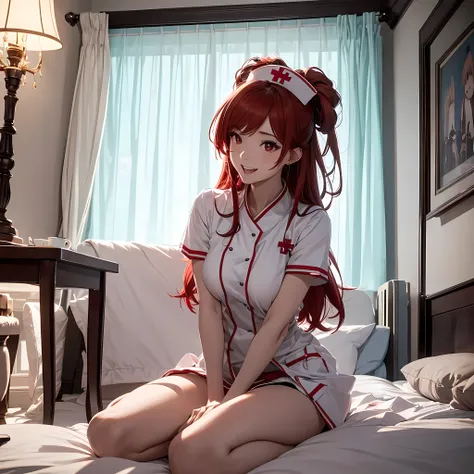 Two beautiful young women, Anime Style, Detailed face, Redhead, Red eyes, Delicate features, Soft lighting, Wear a nurse costume, Laugh and have fun, Playful expressions, comfortable、Well decorated bedroom, Person sitting on bed, Another was standing nearb...