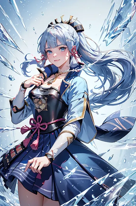 ((kamisatoayakadef)),1 Anime Girl, Warrior, Realistic people,Realistic, beautiful, smile, elegant, Majestic, Splash Art, Particles of light, Diamond Blade, (Cold Energy, Cold Blast, cold water: 1.4) Dynamic pose, ((Japanese Sword,Grab your sword))((Holding...