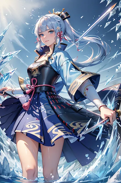((kamisatoayakadef)),1 Anime Girl, Warrior, Realistic people,Realistic, beautiful, smile, elegant, Majestic, Splash Art, Particles of light, Diamond Blade, (Cold Energy, Cold Blast, cold water: 1.4) Dynamic pose, ((Japanese Sword,Grab your sword))((Holding...