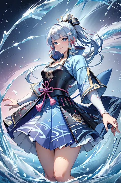 ((kamisatoayakadef)),1 Anime Girl, Warrior, Realistic people,Realistic, beautiful, smile, elegant, Majestic, Splash Art, Particles of light, Diamond Blade, (Cold Energy, Cold Blast, cold water: 1.4) Dynamic pose, ((fan、Have a fan))((Expand your fan base)),...