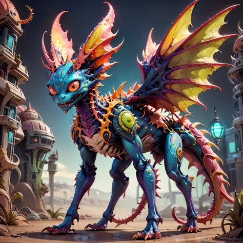 a small bizarre and strange looking part mechanical brightly coloured alien. Showing the entire, highly detailed body from the side. The entire picture is full of details.  Strange alien landscapes in the background. Big detailed wings and sharp teeth and ...