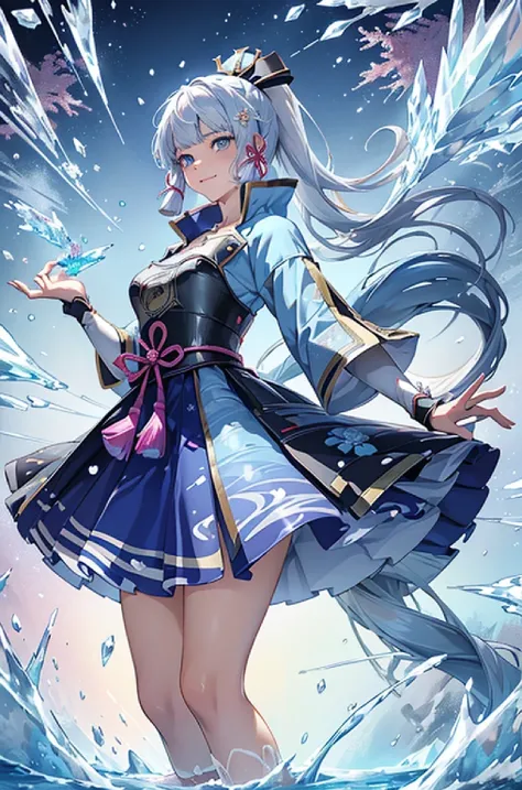 ((kamisatoayakadef)),1 Anime Girl, Warrior, Realistic people,Realistic, beautiful, smile, elegant, Majestic, Splash Art, Particles of light, Diamond Blade, (Cold Energy, Cold Blast, cold water: 1.4) Dynamic pose, ((fan、Have a fan))((Expand your fan base)),...