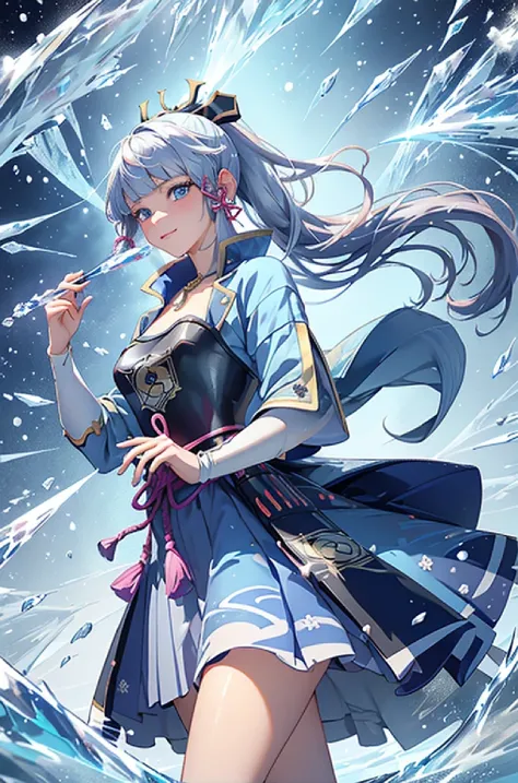 ((kamisatoayakadef)),1 Anime Girl, Warrior, Realistic people,Realistic, beautiful, smile, elegant, Majestic, Splash Art, Particles of light, Diamond Blade, (Cold Energy, Cold Blast, cold water: 1.4) Dynamic pose, ((fan、Have a fan))((Expand your fan base)),...
