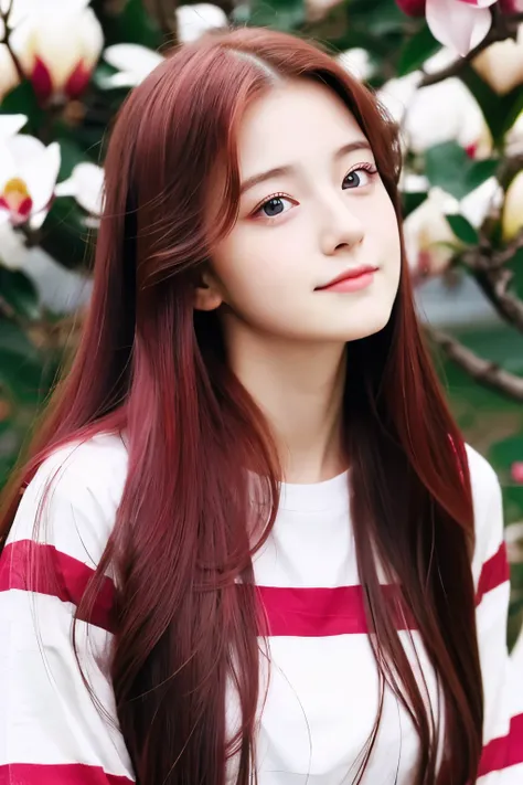 A 18-years old girl,Long tidy red hair,Magenta eyes,magnolia flowers on hair,Casual long sleeves outfits,Japanese + korean,beautiful face,Perfect,Tall,Sweet face