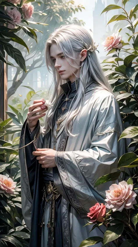 Wizard,Silver Hair,Camellia flower,nature,One boy,People looking this way,Fairy King