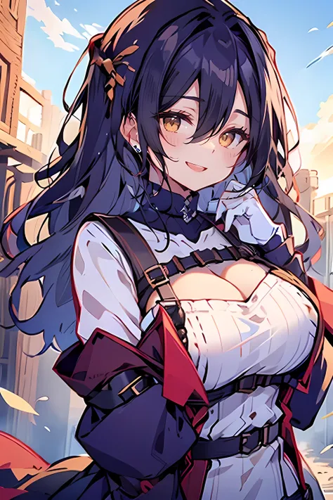 (masterpiece:1.2), (high quality:1.2), (hui xiyi:0.75), rekkyo sensen, rekkyou sensen, girls with((black hair, (tits cleavage:1.15), (waving is hands:1.2), (breasts close up:1.15), (suspenders:1.2), (dress:0.65), (blue clothes:1.05), (belts:0.7), (frills s...