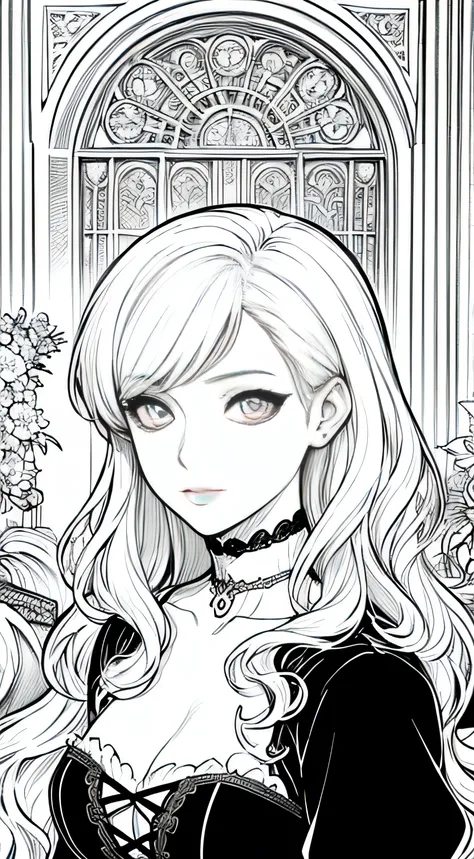 Black and white line art coloring page of a beautiful woman in the style of anime realism, wavy hair and perfect slim fit body, masterpiece digital art with gothic animecore influence, berry, vibrant, living room, highly detailed gothic style background, e...