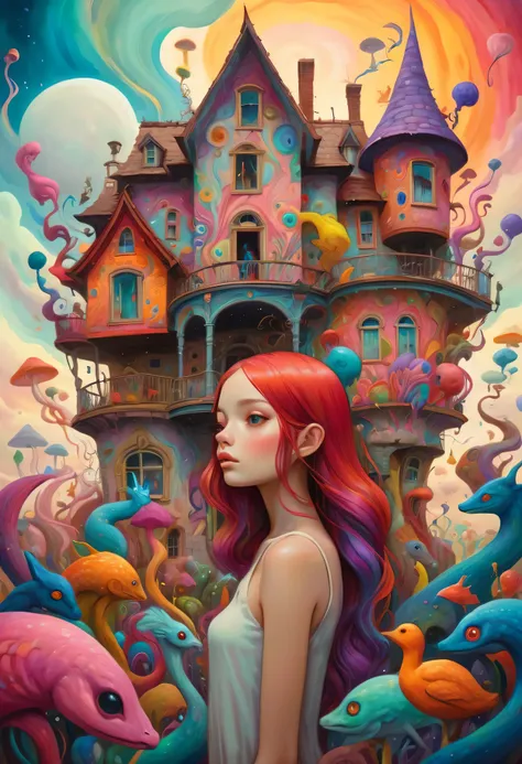 Vibrant surrealism in the style of Tony Sandoval, A stunning girl amidst an enormous house filled with fantastical and colorful beings, each contributing to a mesmerizing dreamscape.