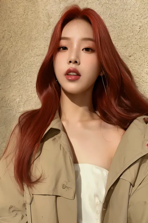 araffe woman With red hair and a white dress posing for a picture, Portrait of Blackpink Josh, She has newly dyed long hair, Portraits of Korean female idols, Seon Yun-ju, Blackpink's Roseanne Park, With red hair, Heonhwa Choi, She has long orange brow...
