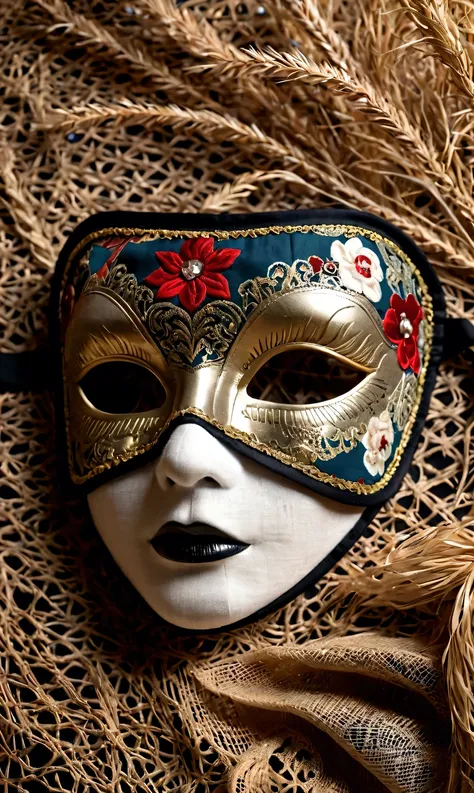 Cotton eye mask, vintage old detailed patchwork fabric cotton eye patch, intricate textiles, intricate artwork, eye mask, masquerade mask, vintage, Russian style, background: very old books, dead grass, holiday lights，in style of Halftone print