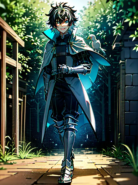 ((absurdres)), hd, uhd, (((HDR))), ((best quality)), (ultra high quality), (hi-res), ((1boy)), solo, charlemagne, black hair, blue eyes, multicolored hair, two-tone hair, ((happy expression)), (smiling), (walking, running), medieval city, outside, medieval...