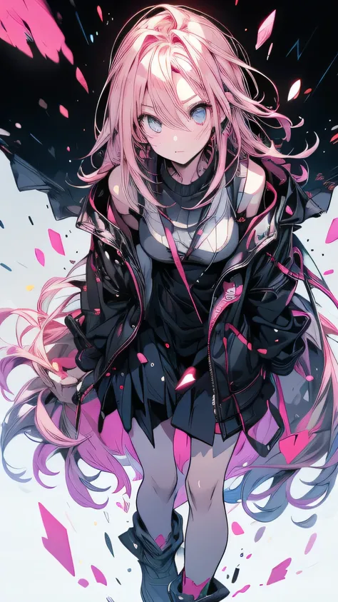 Pink Hair，Black clothes，White Background，Facing forward，The whole body is shown from head to toe。Surprised expression