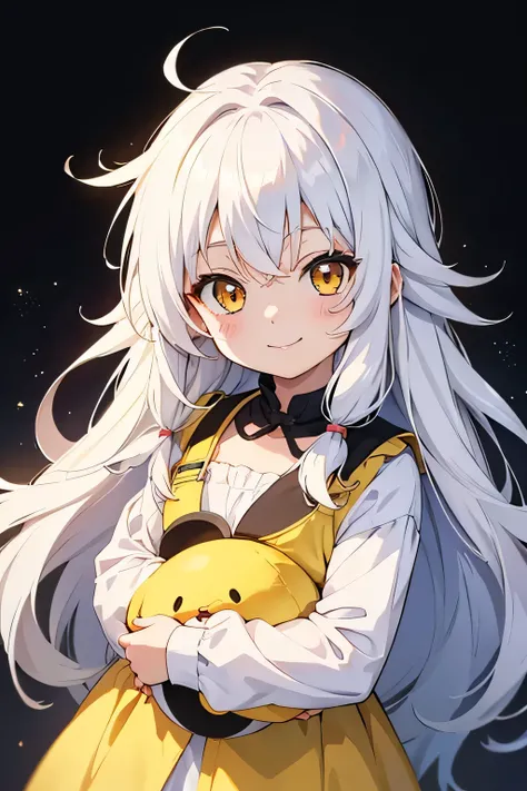 toddler, cute anime toddler, smiling, white hair and yellow hair, long hair, messy hair, golden eyes
