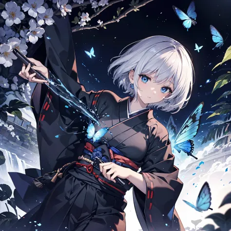(((1 person))) ((High resolution Gray Hair short hair Black kimono Shoulder)) ((Black Band military commander Lonely despair blue eyes)) ((Blue Butterfly night Japanese style old Shining Aura garden water surface)) (dance 日本knife knife Slashing) moon star ...