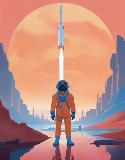 illustration of a man in a space suit standing in front of a rocket, laurie gresley and james jean, earth，planet，spaceship，satel...