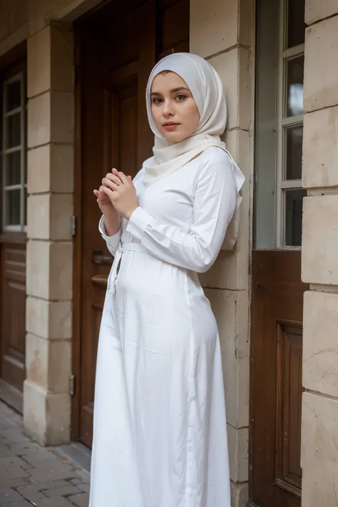 Very beutiful norwegian curvy women 30 years old wearing polite elegant white muslim long dress made from silk and hijab(lot of manekins), appoligize hands with mosque background, ((best quality)), ((masterpiece)), (detailed), 