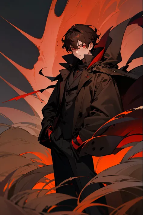 1 boy, brown hair, night flower field, dark red glowing eyes, black coat, hands in pockets, gloomy face,
