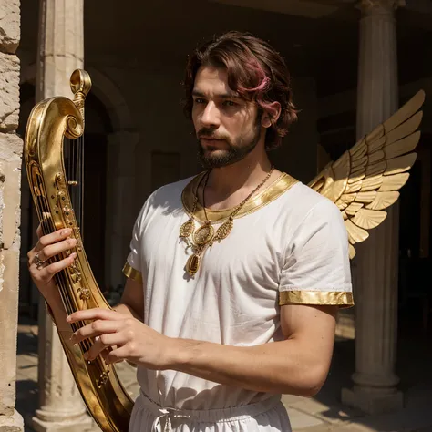 Man angel with short curly pink hair and beard, playing a small golden harp, wearing ancient Greek clothing. 