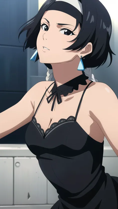 soifon, soifon, short hair, bangs, black hair, short hair with long locks, (black eyes:1.2), small breasts,(slender:1.2),Glare, (Gothic Lolita fashion, black dress, headband, earrings:1.2), 
dynamic pose, dynamic angles, looking at viewer,
 (masterpiece be...