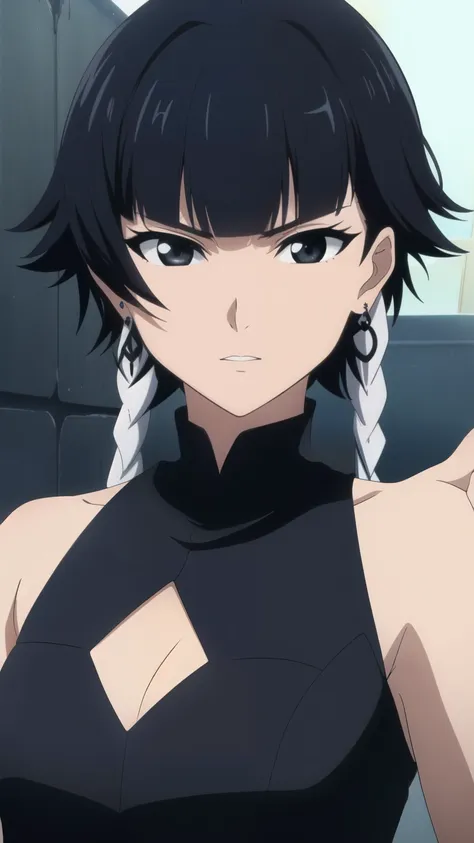 soifon, soifon, short hair, bangs, black hair, short hair with long locks, (black eyes:1.2), small breasts,(slender:1.2),glare, ...