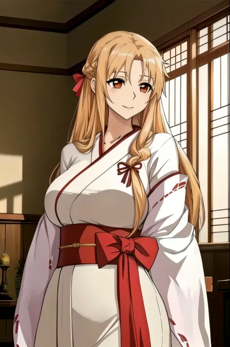 A beautiful woman named Asuna stands in a warmly sunlit room. She has long blonde hair adorned with a red ribbon and captivating amber eyes. She is dressed in a traditional white and red kimono-style outfit with intricate details, featuring a red bow at th...