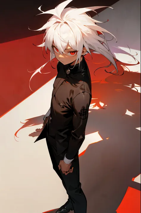 hight resolution,anime boy with white hair and red eyes staring at camera, red eyes,slim, dressed in a black outfit,shadow body,...