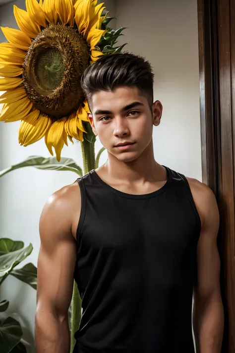 male, 20 year old boy, black eyes, slick back, sleeveless clothes, half body photo, head facing the camera, room, jungle, sunflower