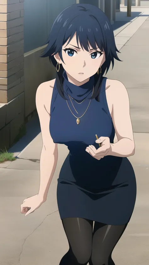 soifon, soifon, short hair, bangs, black hair, short hair with long locks, (black eyes:1.2), small breasts,(slender:1.2),Glare, ((Dark blue turtleneck sleeveless knit), pencil skirt, puffy nipples, on the city street, necklace, earrings, knee-high stocking...