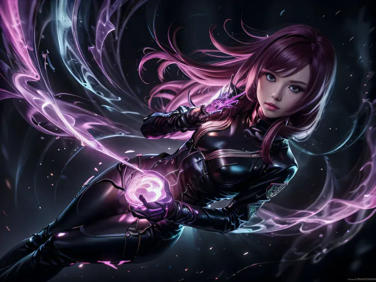 (Best Quality, 8K, Masterpiece, HDR, Soft Lighting, Picture Perfect, Realistic, Vivid), Cat Girl (1.0), Cat Girl with Red Hair and brown eyes and Sexy Revealing Clothes, Pink Bodysuit with Glitter Texture, Beautiful Anime Fantasy, Very beautiful and cute c...