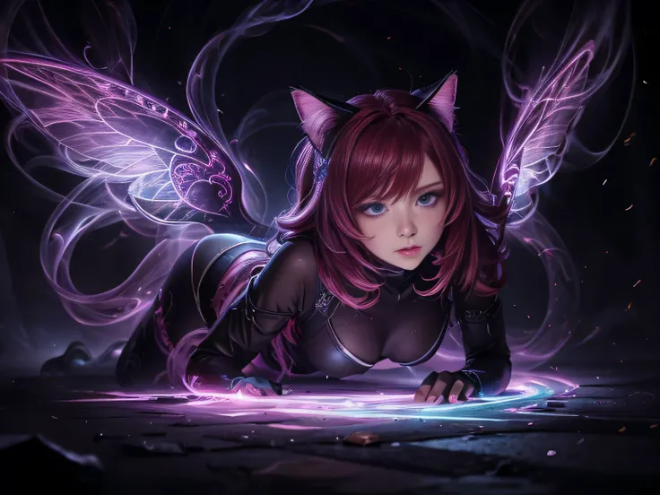 (Best Quality, 8K, Masterpiece, HDR, Soft Lighting, Picture Perfect, Realistic, Vivid), Cat Girl (1.0), Cat Girl with Red Hair and Sexy Revealing Clothes, Pink Bodysuit with Glitter Texture, Beautiful Anime Fantasy, Very beautiful and cute cat girl, large ...