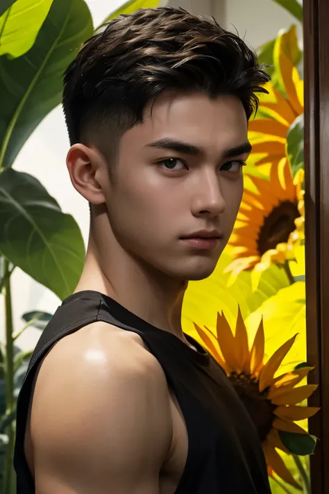 male, 20 year old boy, black eyes, slick back, sleeveless clothes, half body photo, head facing the camera, room, jungle, sunflower