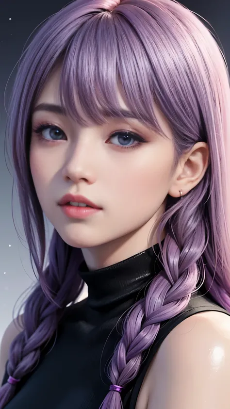 background（black night sky，big moon），woman close up，wearing a white shirt、purple hair，very long hair，very thick braids，purple ey...