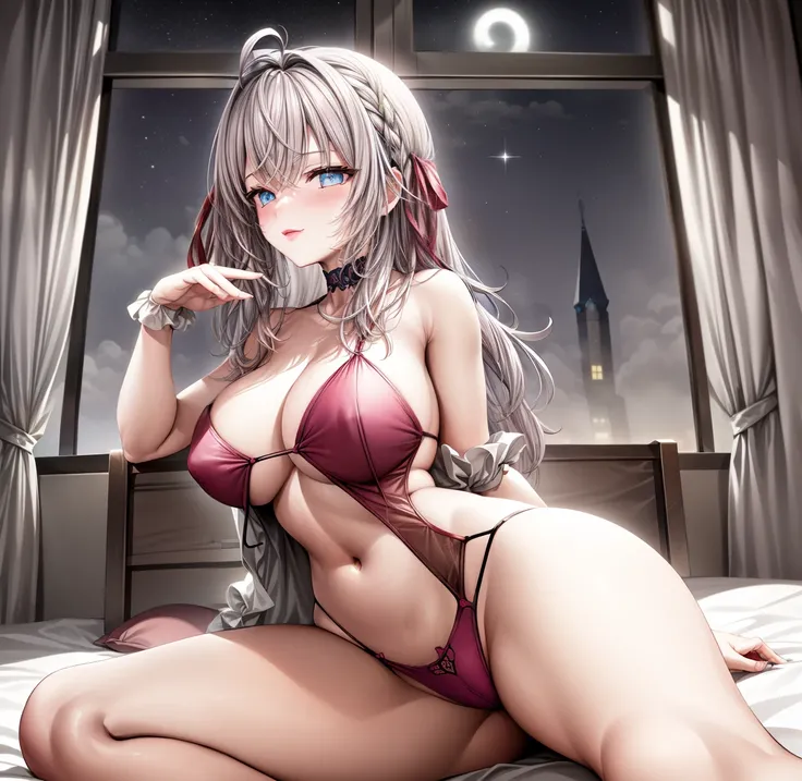 Indulge in perfection as you behold Alisa Mikhailovna Kujou peacefully resting on a high-quality bed,(((acoatada en la cama))), (((dormida de forma tierna)), adorned in a beautiful nightgown, with flawless anatomy, (((flirty look))) (((sexy pose)), while t...