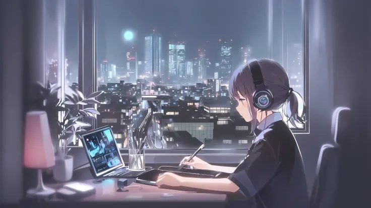 Anime girl sitting at the table，Wearing white suspender pajamas，Good figure，Wearing headphones， The anime-style city view is outside the window, Downtown Cyberpunk,lo-fi artstyle, Anime style 4K, Lo-Fi Girl, Anime atmosphere, Anime Background Art, Anime st...