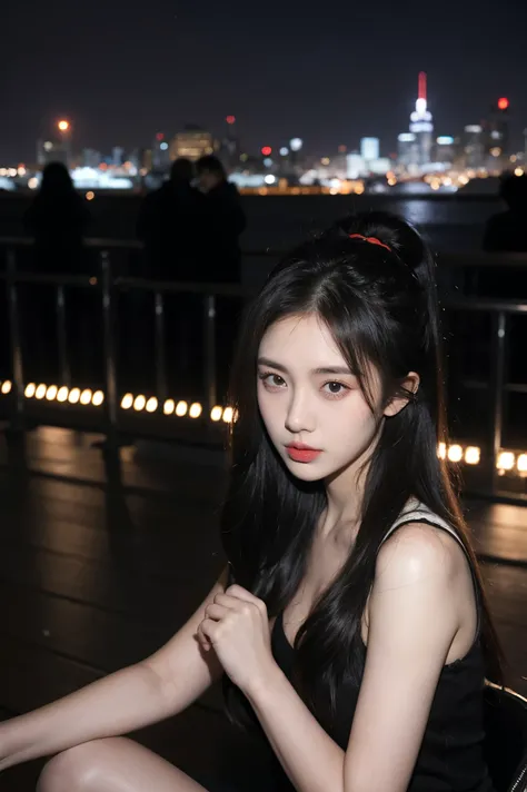 21 year old girl, Black Hair, City Background,