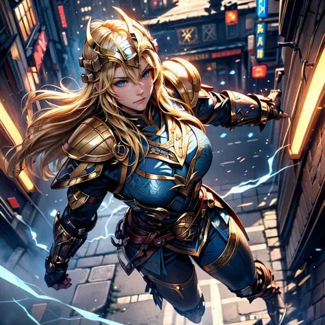 (best quality,4k,highres,volumetric lighting:1.2) a blonde Asgardian heroine flying over a city, arms out, legs straight, (full body shot, :1.3),flying pov from above. She wears dark blue armor, gold trim, (((Norse helmet ))), armored glove, deep v neck. s...