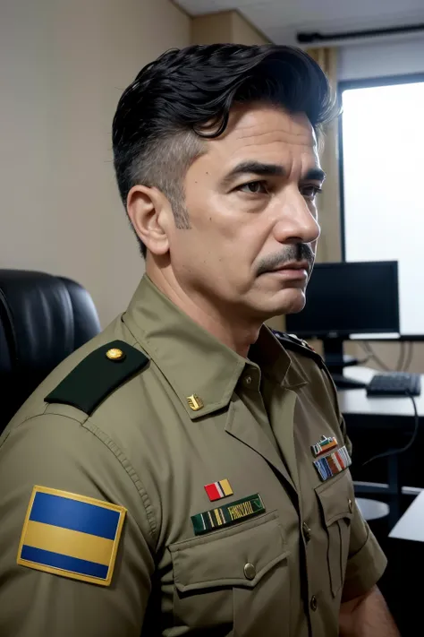 image of an interview with a Brazilian army general. The scene will have the general highlighted, sentado em uma cadeira, with a background reminiscent of a TV studio, possivelmente com bandeiras e elementos militares ao fundo