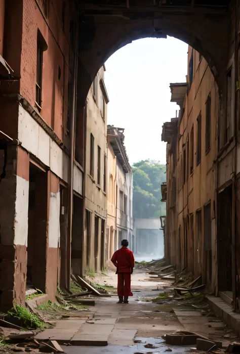 A row of weathered ruins stands in a world after civilization has collapsed.,A  standing there,Red clothes