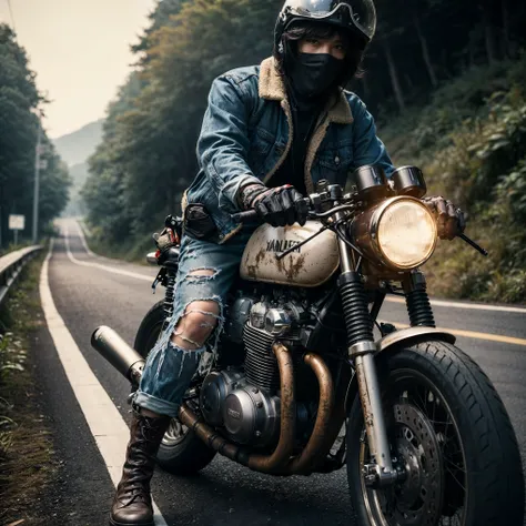 1980s, cafe racer, Harley Davidson, man, riders wear, beautiful face, torn pants, very intricate details, clean paint, single road in wilderness, realistic photo, taken with Fuji film X-T30+Nokton. HDR10